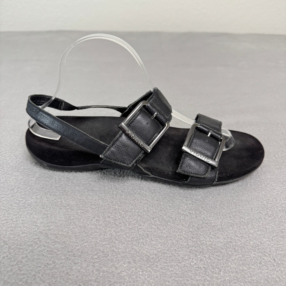 Vionic Reese Sandals Women 11 Black Leather Buckle Slingback Orthotic Shoe
